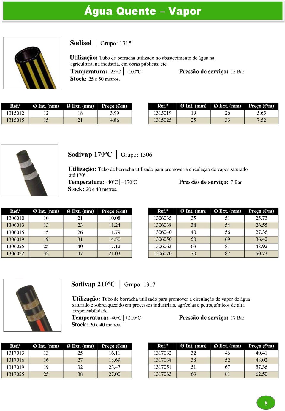 52 Sodivap 170ºC Grupo: 1306 Utilização: Tubo de borracha utilizado para promover a circulação de vapor saturado até 170º. Temperatura: -40ºC +170ºC Pressão de serviço: 7 Bar 1306010 10 21 10.