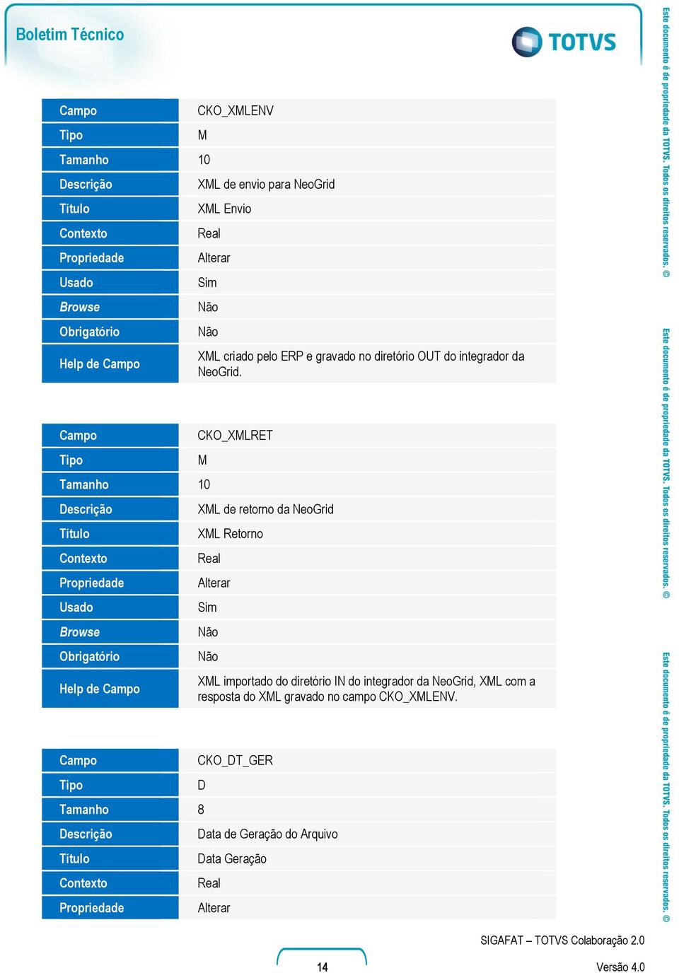 KO_XMLRET M Tamanho 10 XML de retorno da NeoGrid XML Retorno XML importado do diretório IN do