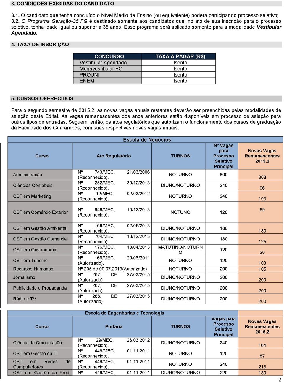 Esse programa será aplicado somente para a modalidade Vestibular Agendado. 4. TAXA DE INSCRIÇÃ CNCURS Vestibular Agendado Megavestibular FG PRUNI ENEM TAXA A PAGAR (R$) Isento Isento Isento Isento 5.