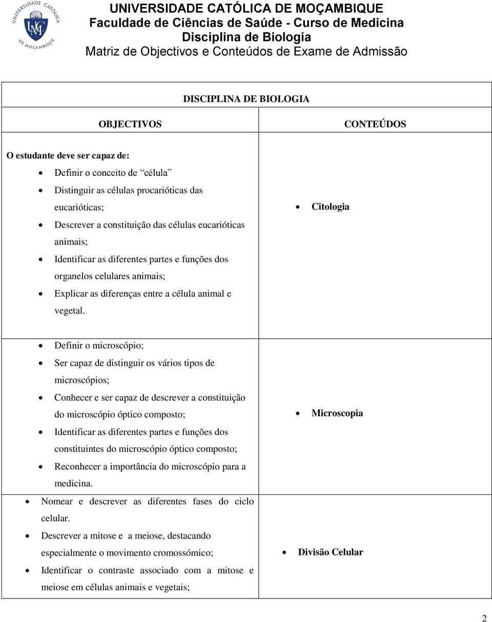 Citologia Definir o microscópio; Ser capaz de distinguir os vários tipos de microscópios; Conhecer e ser capaz de descrever a constituição do microscópio óptico composto; Identificar as diferentes