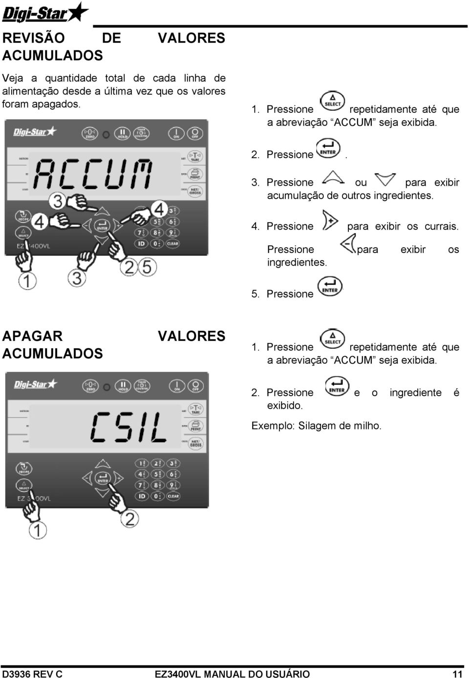 4. Pressione para exibir os currais. Pressione para exibir os ingredientes. 5. Pressione APAGAR ACUMULADOS VALORES 1.