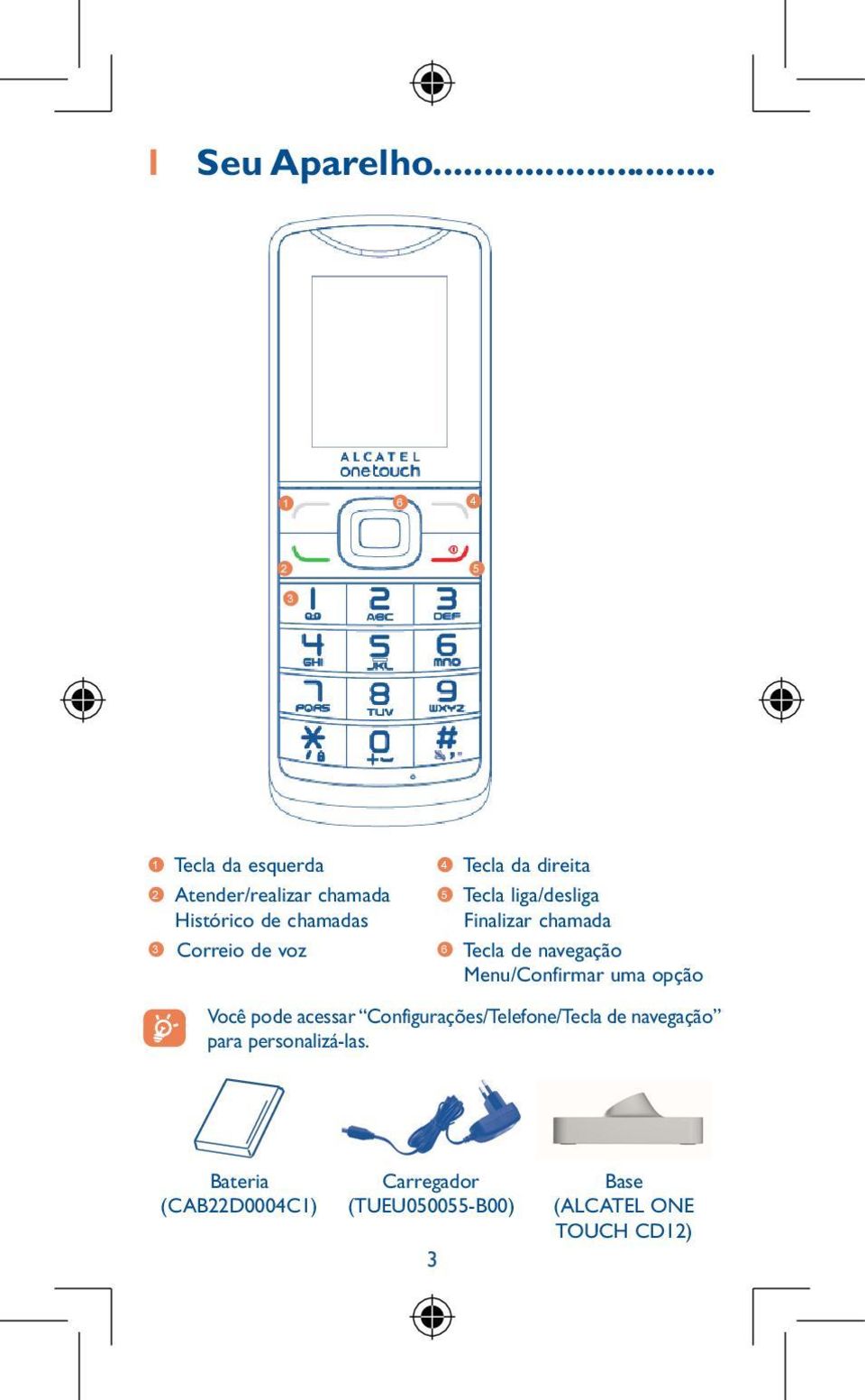 chamadas 5 Tecla liga/desliga Finalizar chamada 3 Correio de voz 6 Tecla de navegação