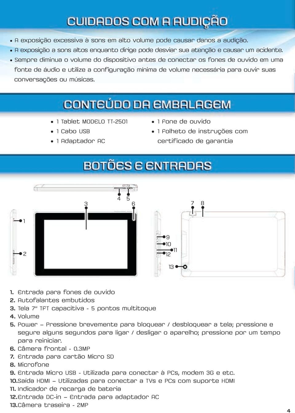 1 Tablet MODELO TT-2501 1 Cabo USB 1 Adaptador AC 1 Fone de ouvido 1 Folheto de instruções com certificado de garantia 3 4 5 6 7 8 1 2 9 10 11 12 13 1. Entrada para fones de ouvido 2.