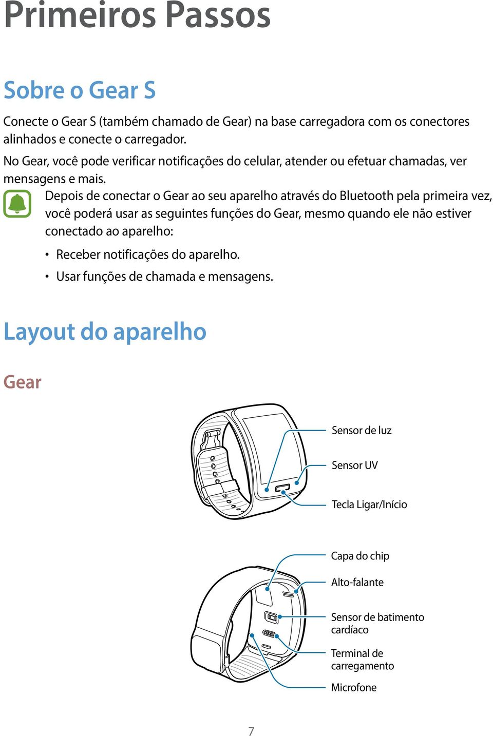 Depois de conectar o Gear ao seu aparelho através do Bluetooth pela primeira vez, você poderá usar as seguintes funções do Gear, mesmo quando ele não estiver