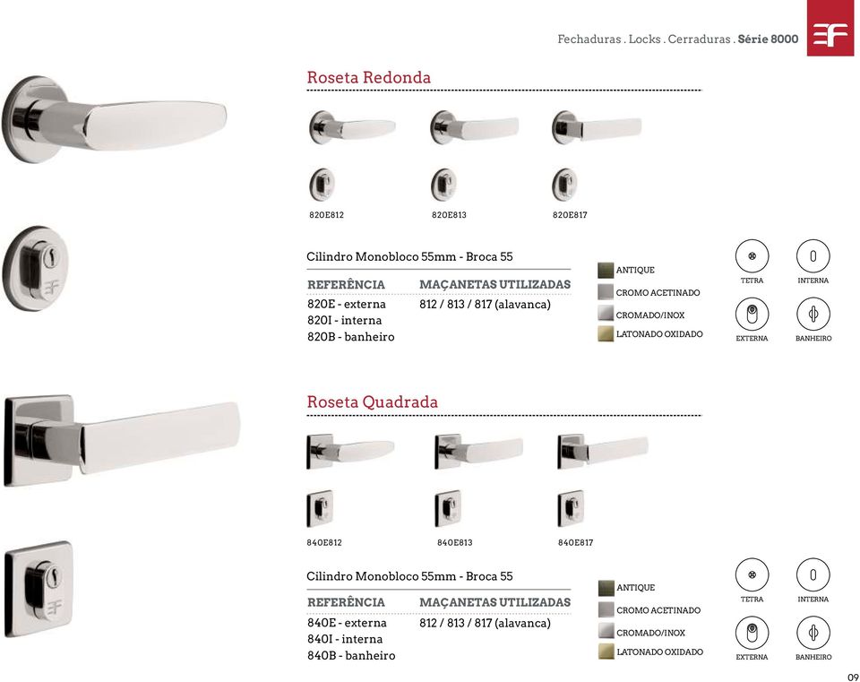 banheiro MAÇANETAS UTILIZADAS 812 / 813 / 817 (alavanca) ANTIQUE CROMO ACETINADO TETRA EXTERNA INTERNA BANHEIRO Roseta