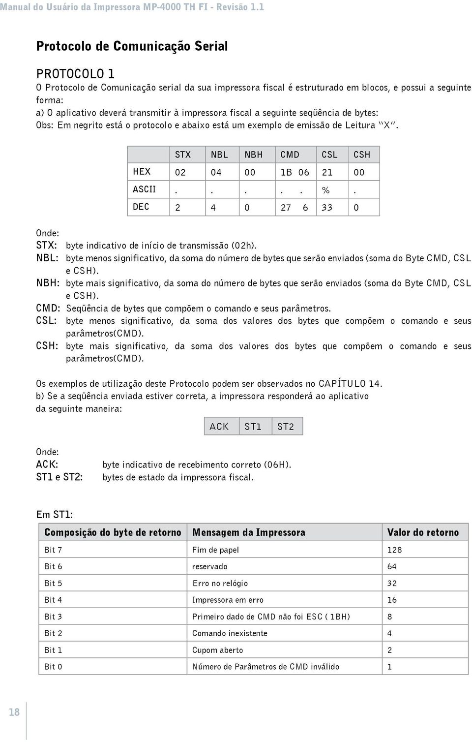 DEC 2 4 0 27 6 33 0 Onde: STX: byte indicativo de início de transmissão (02h). NBL: byte menos significativo, da soma do número de bytes que serão enviados (soma do Byte CMD, CSL e CSH).