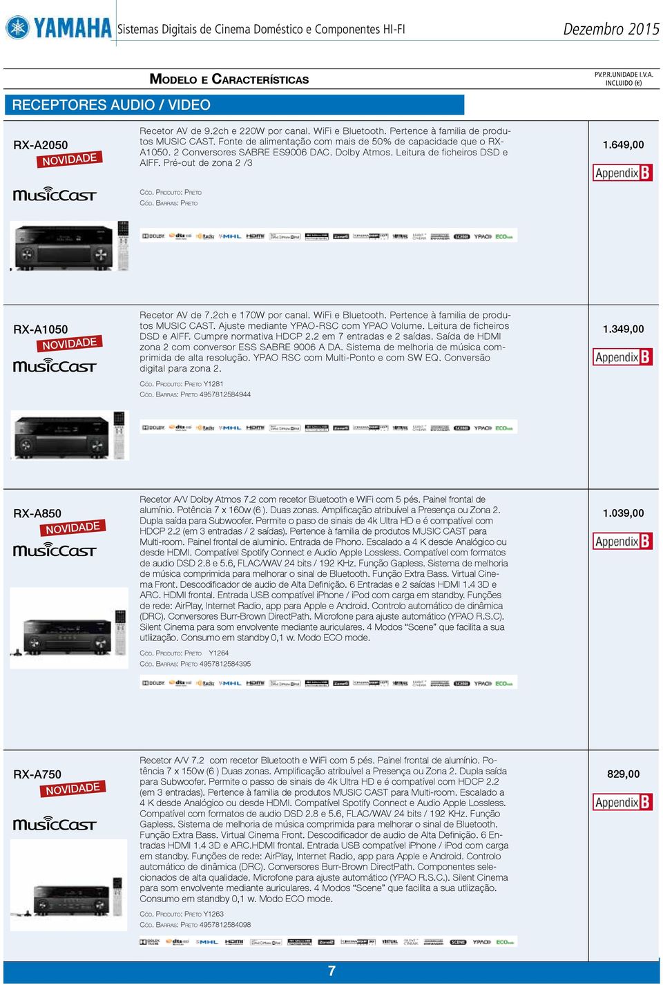 WiFi e Bluetooth. Pertence à familia de produtos MUSIC CAST. Ajuste mediante YPAO-RSC com YPAO Volume. Leitura de ficheiros DSD e AIFF. Cumpre normativa HDCP 2.2 em 7 entradas e 2 saídas.