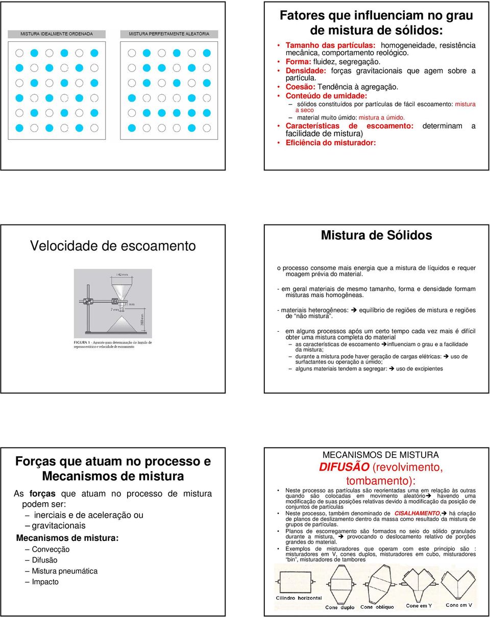 Conteúdo de umidade: sólidos constituídos por partículas de fácil escoamento: mistura a seco material muito úmido: mistura a úmido.