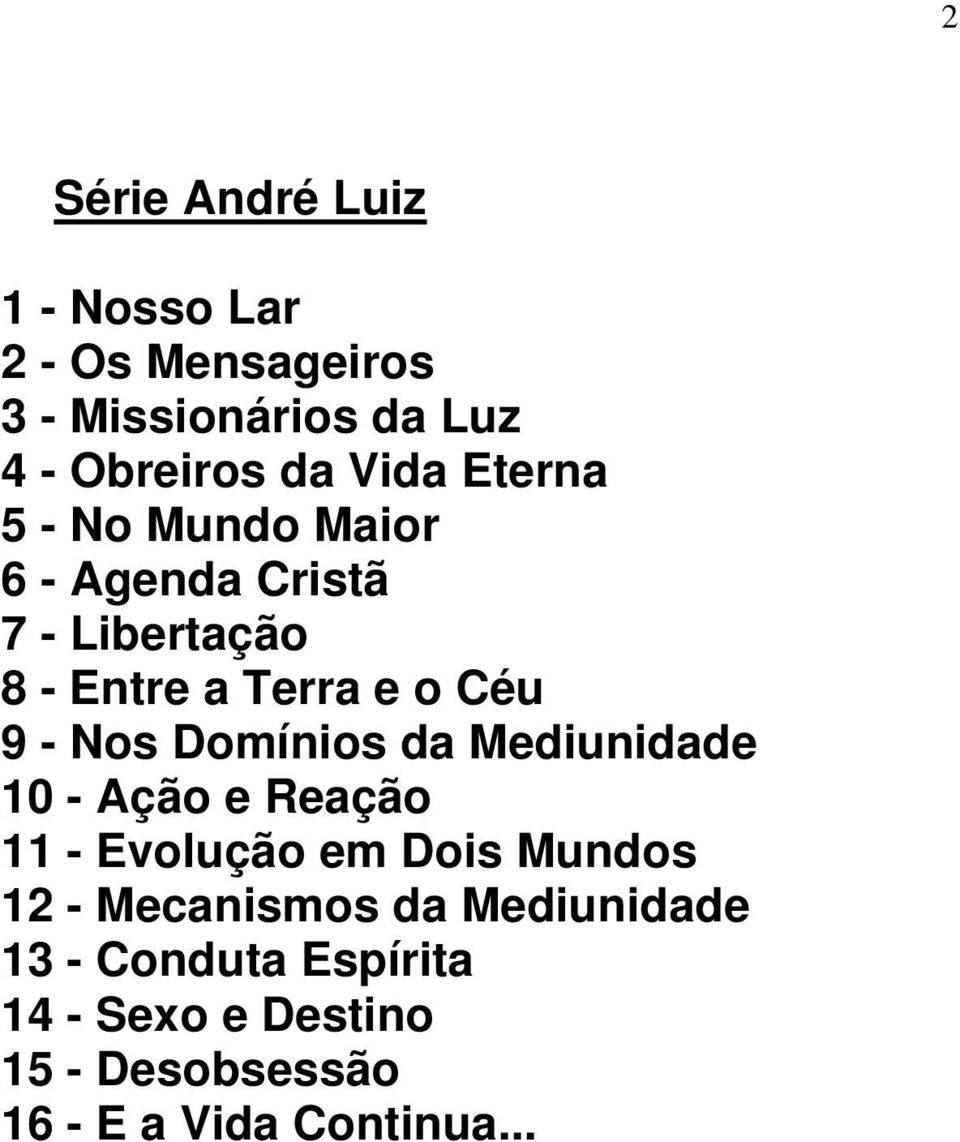 Nos Domínios da Mediunidade 10 - Ação e Reação 11 - Evolução em Dois Mundos 12 - Mecanismos da