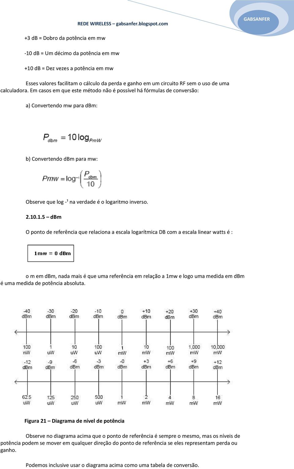 .1.5 dbm O ponto de referência que relaciona a escala logarítmica DB com a escala linear watts é : o m em dbm, nada mais é que uma referência em relação a 1mw e logo uma medida em dbm é uma medida de