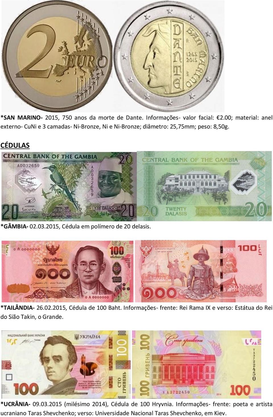 2015, Cédula em polímero de 20 delasis. *TAILÂNDIA- 26.02.2015, Cédula de 100 Baht.