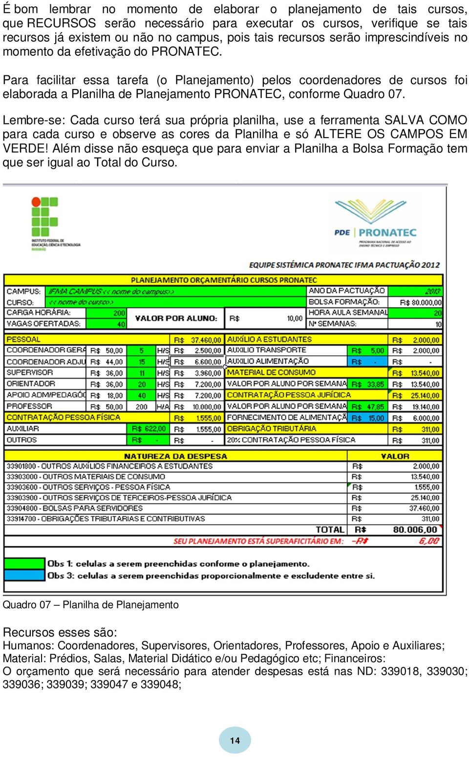 Para facilitar essa tarefa (o Planejamento) pelos coordenadores de cursos foi elaborada a Planilha de Planejamento PRONATEC, conforme Quadro 07.