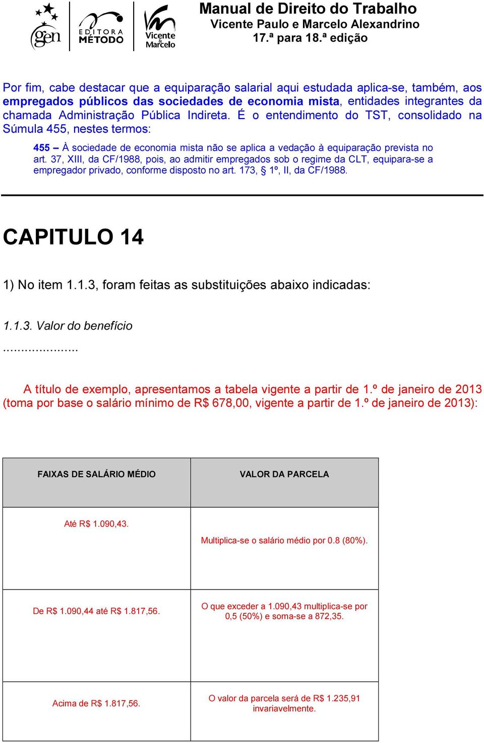 37, XIII, da CF/1988, pois, ao admitir empregados sob o regime da CLT, equipara-se a empregador privado, conforme disposto no art. 173, 1º, II, da CF/1988. CAPITULO 14 1) No item 1.1.3, foram feitas as substituições abaixo indicadas: 1.