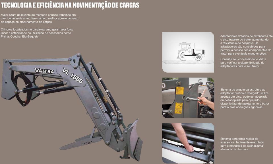 Adaptadores dotados de extensores até o eixo traseiro do trator, aumentando a resistência do conjunto.