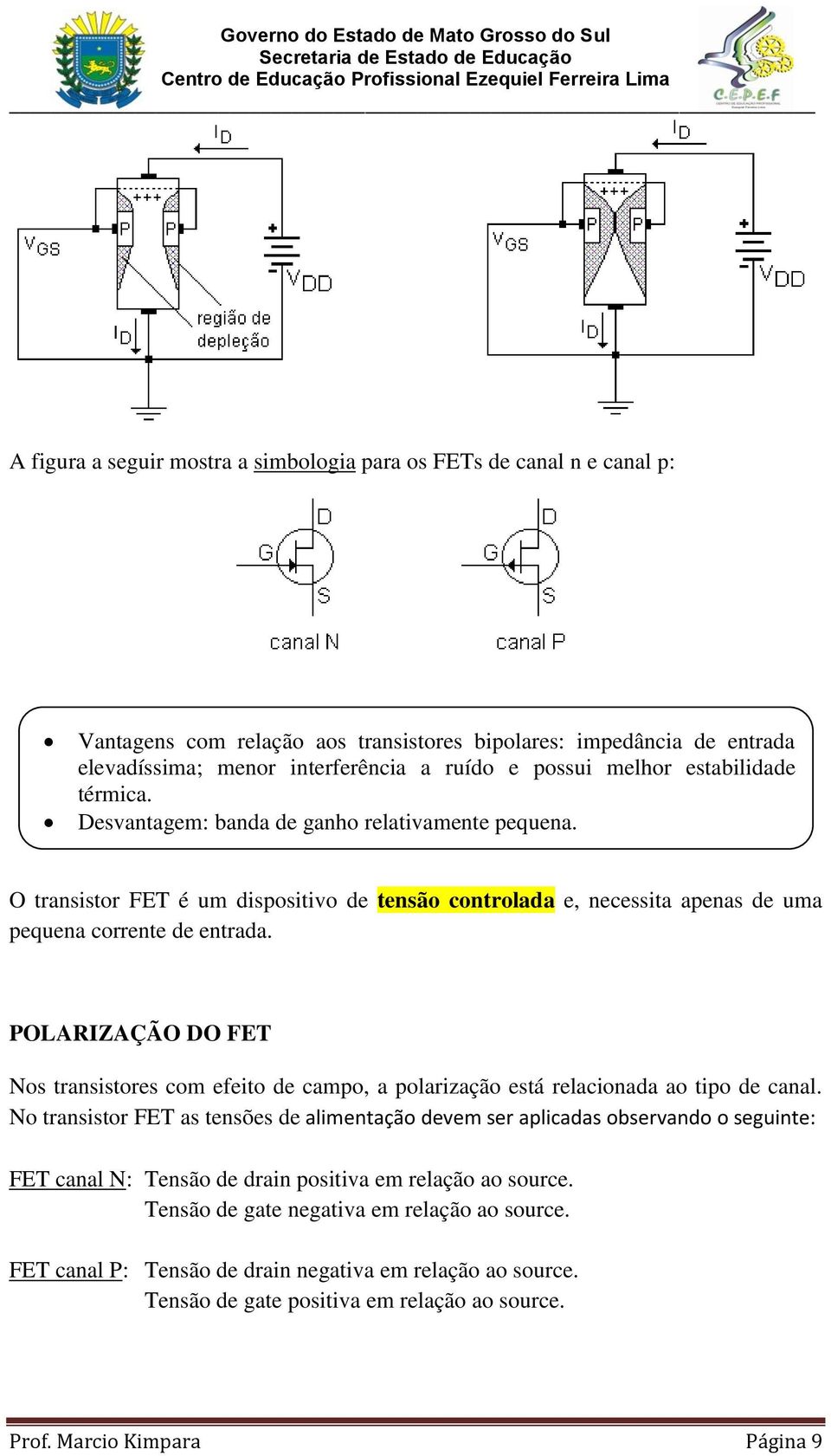 POLARIZAÇÃO DO FET Nos transistores com efeito de campo, a polarização está relacionada ao tipo de canal.