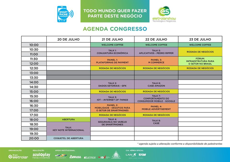 Internet of Things Painel 2: Mobilidade - desafios para o setor de smartphones Talk 4: Segurança no Varejo de Smartphones Talk 5: Aplicativos - Pedro Ripper Painel 3: M Commerce Talk 6: case Amazon