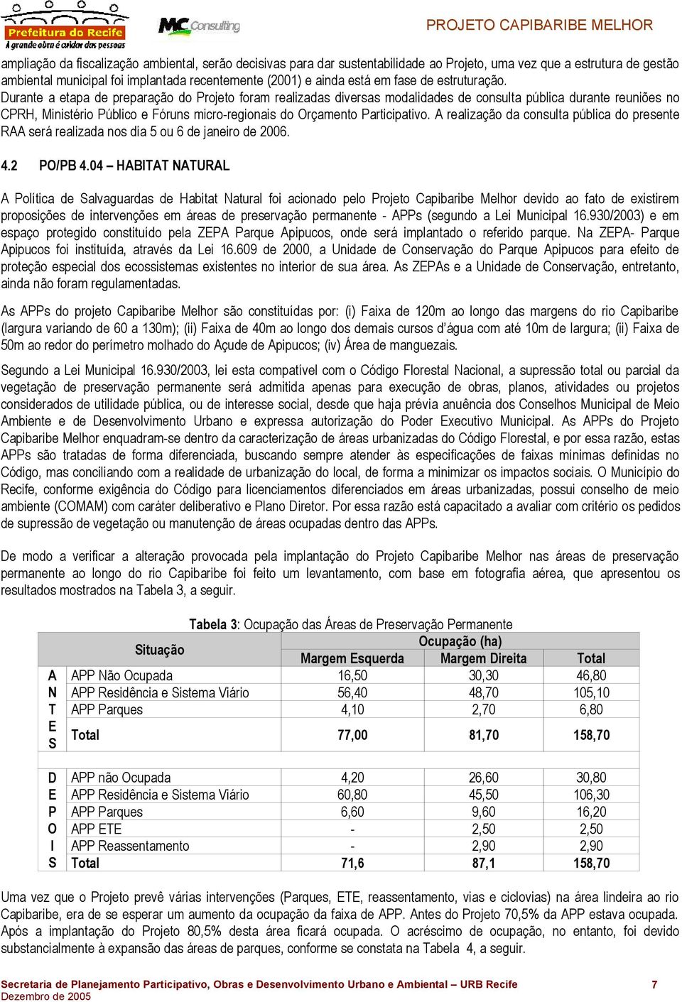 Durante a etapa de preparação do Projeto foram realizadas diversas modalidades de consulta pública durante reuniões no CPRH, Ministério Público e Fóruns micro-regionais do Orçamento Participativo.