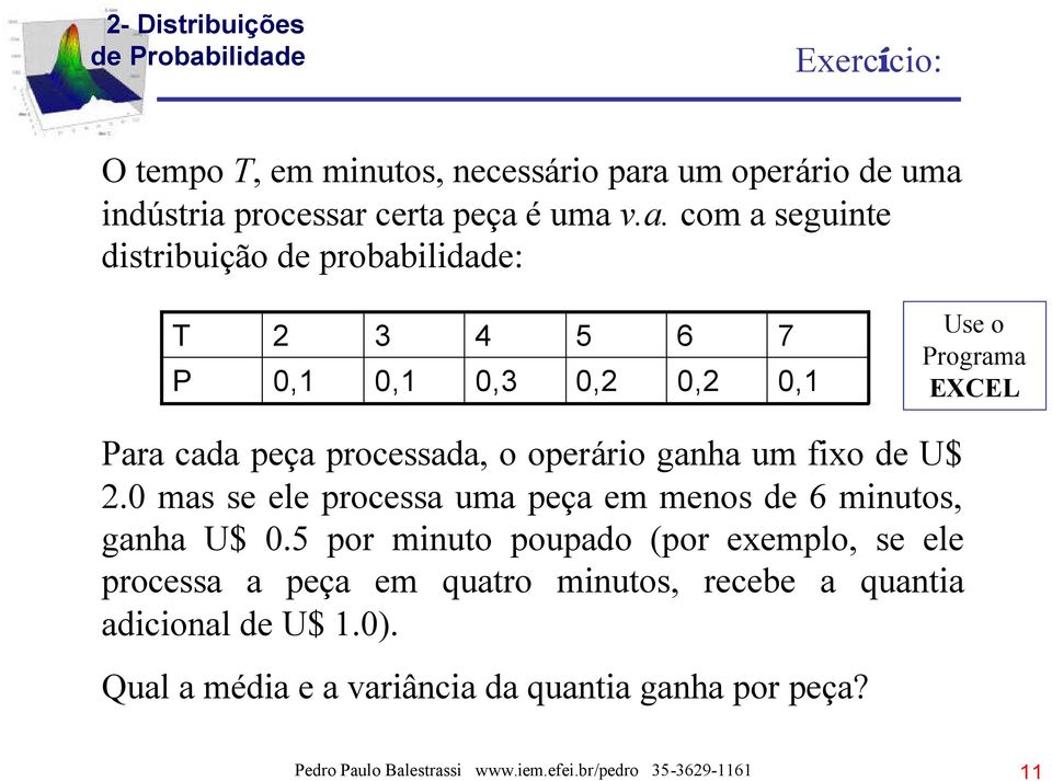 7 0,1 Use o Programa EXCEL Para cada peça processada, o operário ganha um fixo de U$ 2.