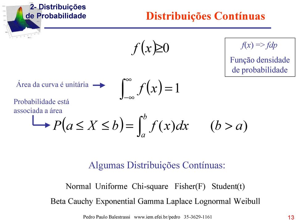 Algumas Distribuições Contínuas: Normal Uniforme Chi-square Fisher(F) Student(t) Beta Cauchy
