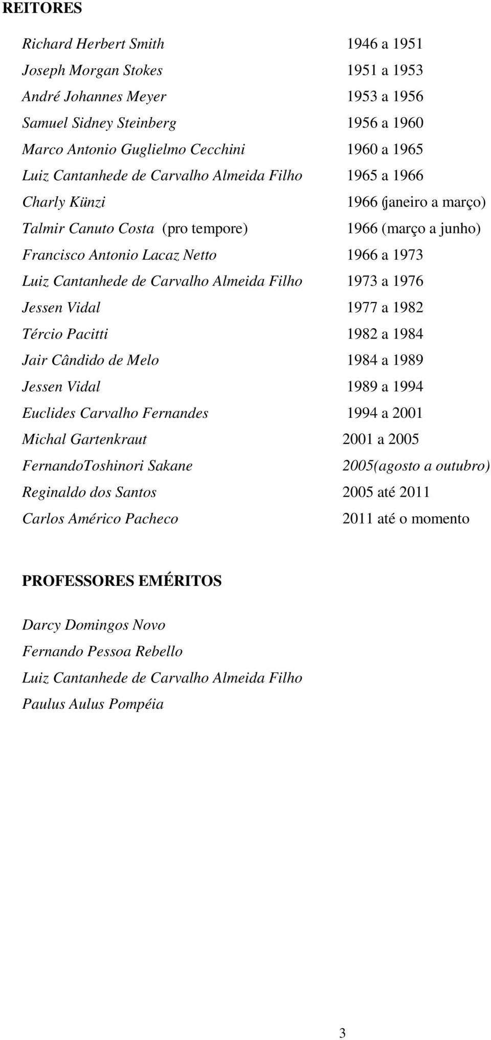 de Carvalho Almeida Filho 1973 a 1976 Jessen Vidal 1977 a 1982 Tércio Pacitti 1982 a 1984 Jair Cândido de Melo 1984 a 1989 Jessen Vidal 1989 a 1994 Euclides Carvalho Fernandes 1994 a 2001 Michal