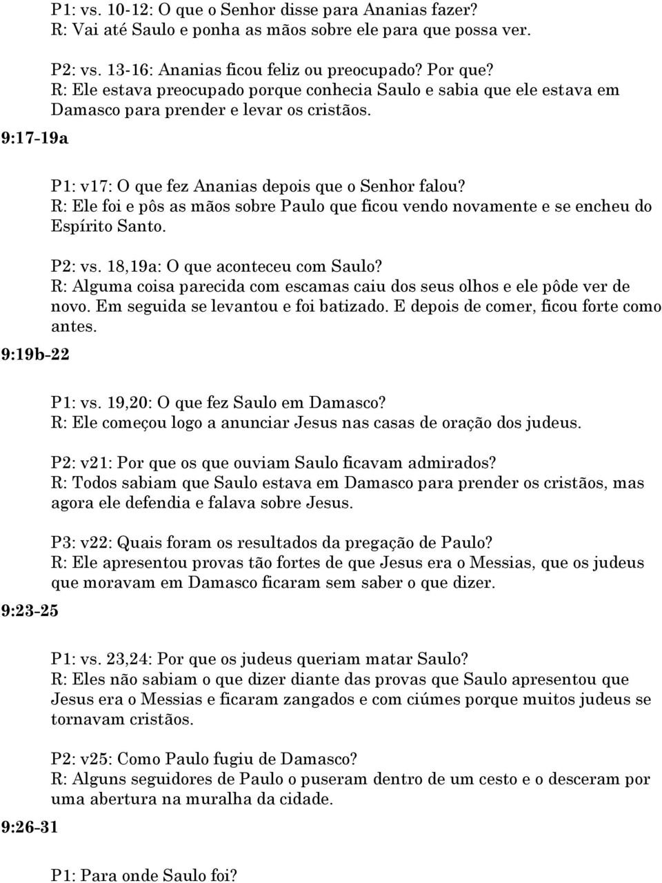 R: Ele foi e pôs as mãos sobre Paulo que ficou vendo novamente e se encheu do Espírito Santo. P2: vs. 18,19a: O que aconteceu com Saulo?