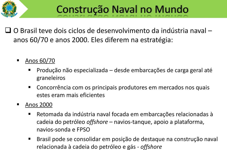 produtores em mercados nos quais estes eram mais eficientes Anos 2000 Retomada da indústria naval focada em embarcações relacionadas à cadeia do