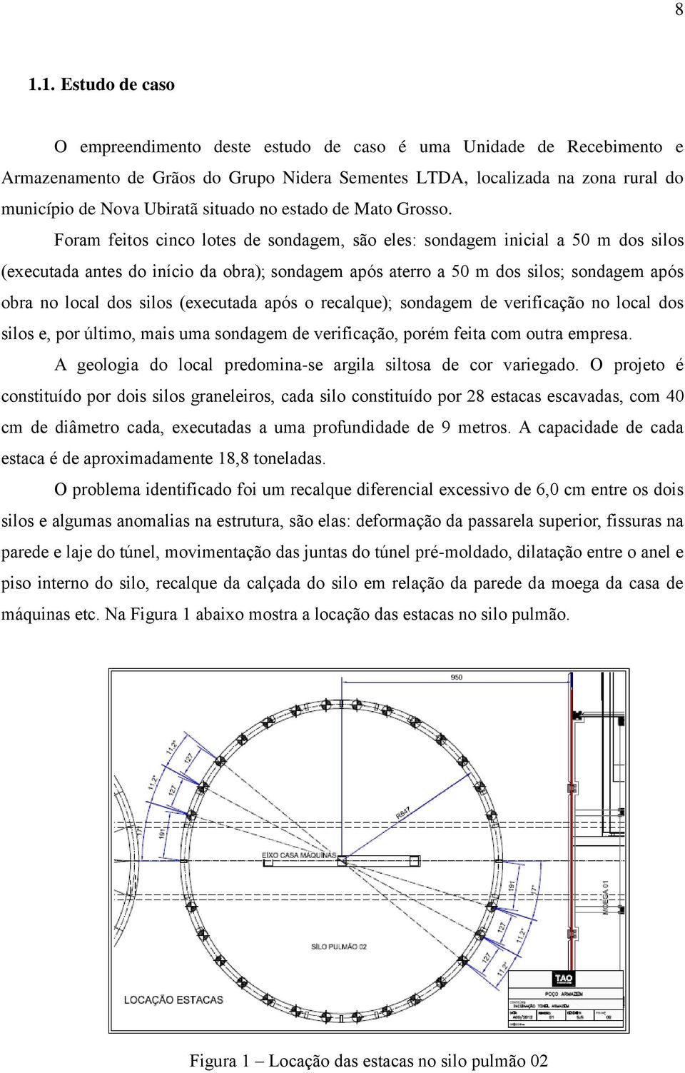 Foram feitos cinco lotes de sondagem, são eles: sondagem inicial a 50 m dos silos (executada antes do início da obra); sondagem após aterro a 50 m dos silos; sondagem após obra no local dos silos