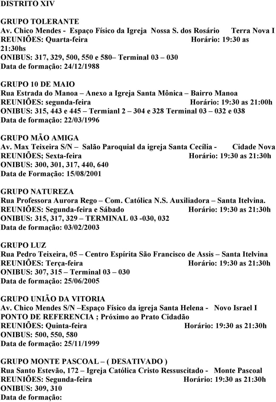 Bairro Manoa REUNIÕES: segunda-feira Horário: 19:30 as 21:00h ONIBUS: 315, 443 e 445 Termianl 2 304 e 328 Terminal 03 032 e 038 22/03/1996 GRUPO MÃO AMIGA Av.