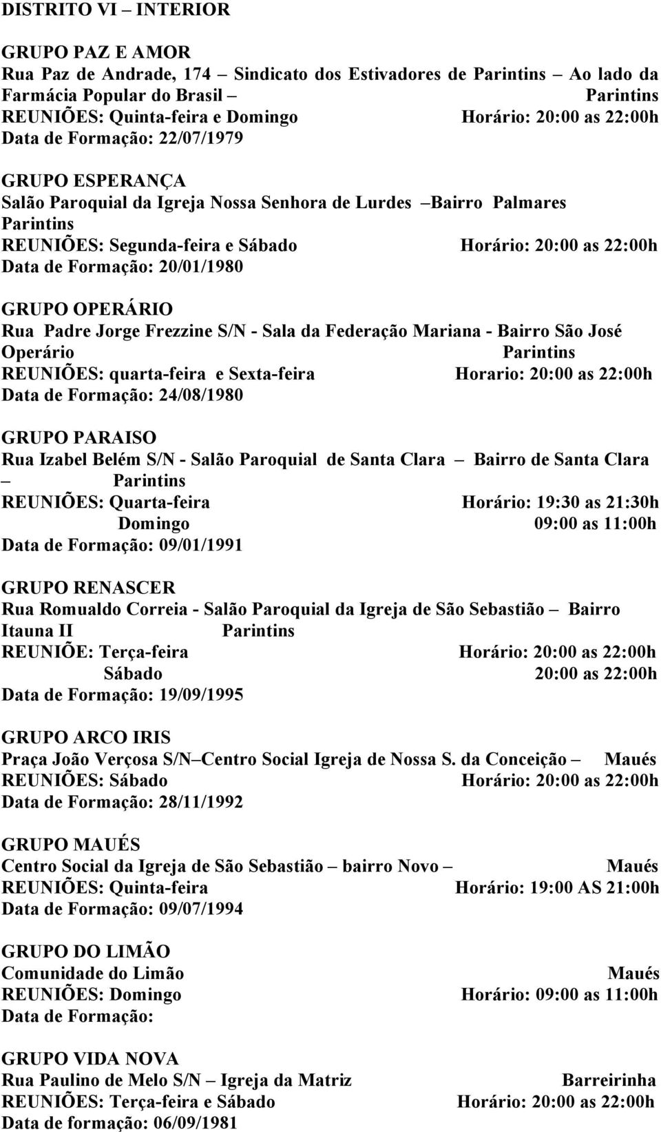 Formação: 20/01/1980 GRUPO OPERÁRIO Rua Padre Jorge Frezzine S/N - Sala da Federação Mariana - Bairro São José Operário Parintins REUNIÕES: quarta-feira e Sexta-feira Horario: 20:00 as 22:00h Data de