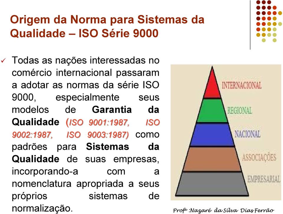 da Qualidade (ISO 9001:1987, ISO 9002:1987, ISO 9003:1987) como padrões para Sistemas da Qualidade