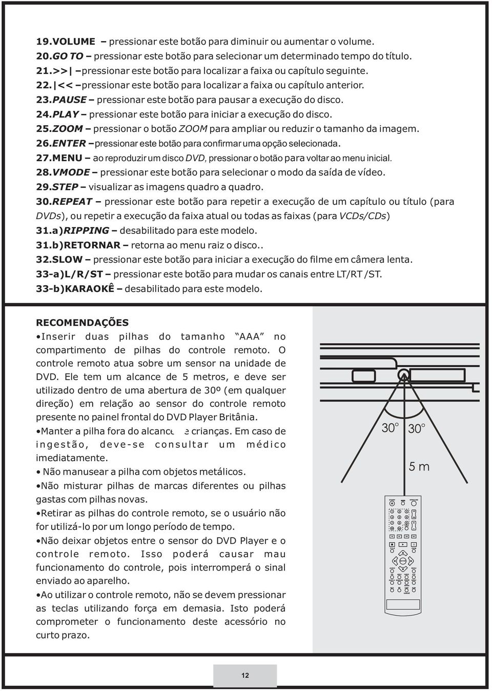 PAUSE pressionar este botão para pausar a execução do disco. 24.PLAY pressionar este botão para iniciar a execução do disco. 25.