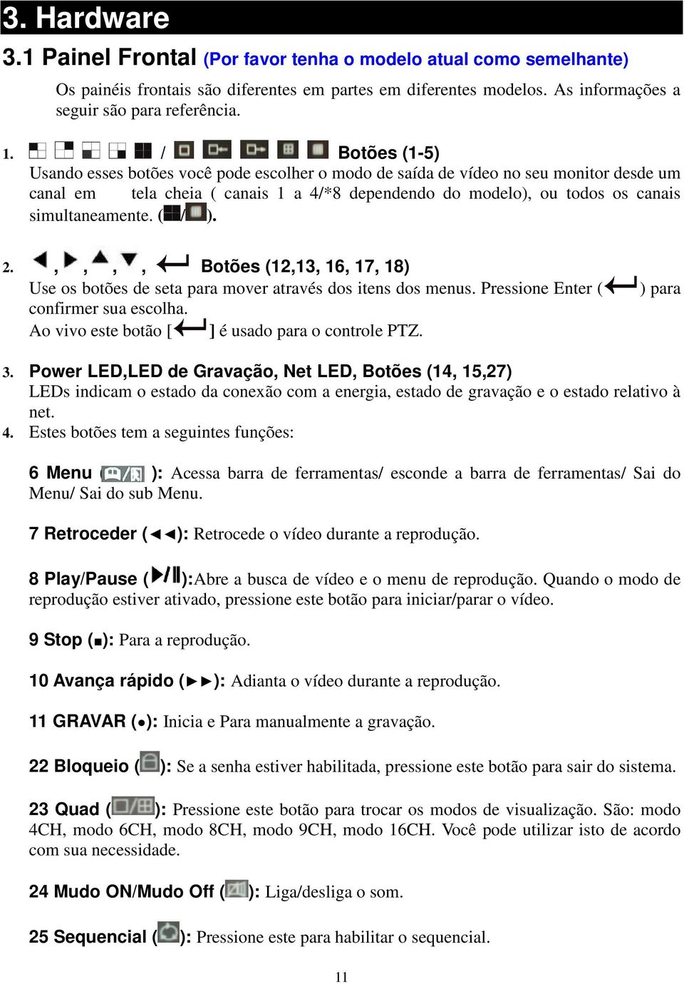 ( / ). 2.,,,, Botões (12,13, 16, 17, 18) Use os botões de seta para mover através dos itens dos menus. Pressione Enter ( confirmer sua escolha. Ao vivo este botão [ ] é usado para o controle PTZ.