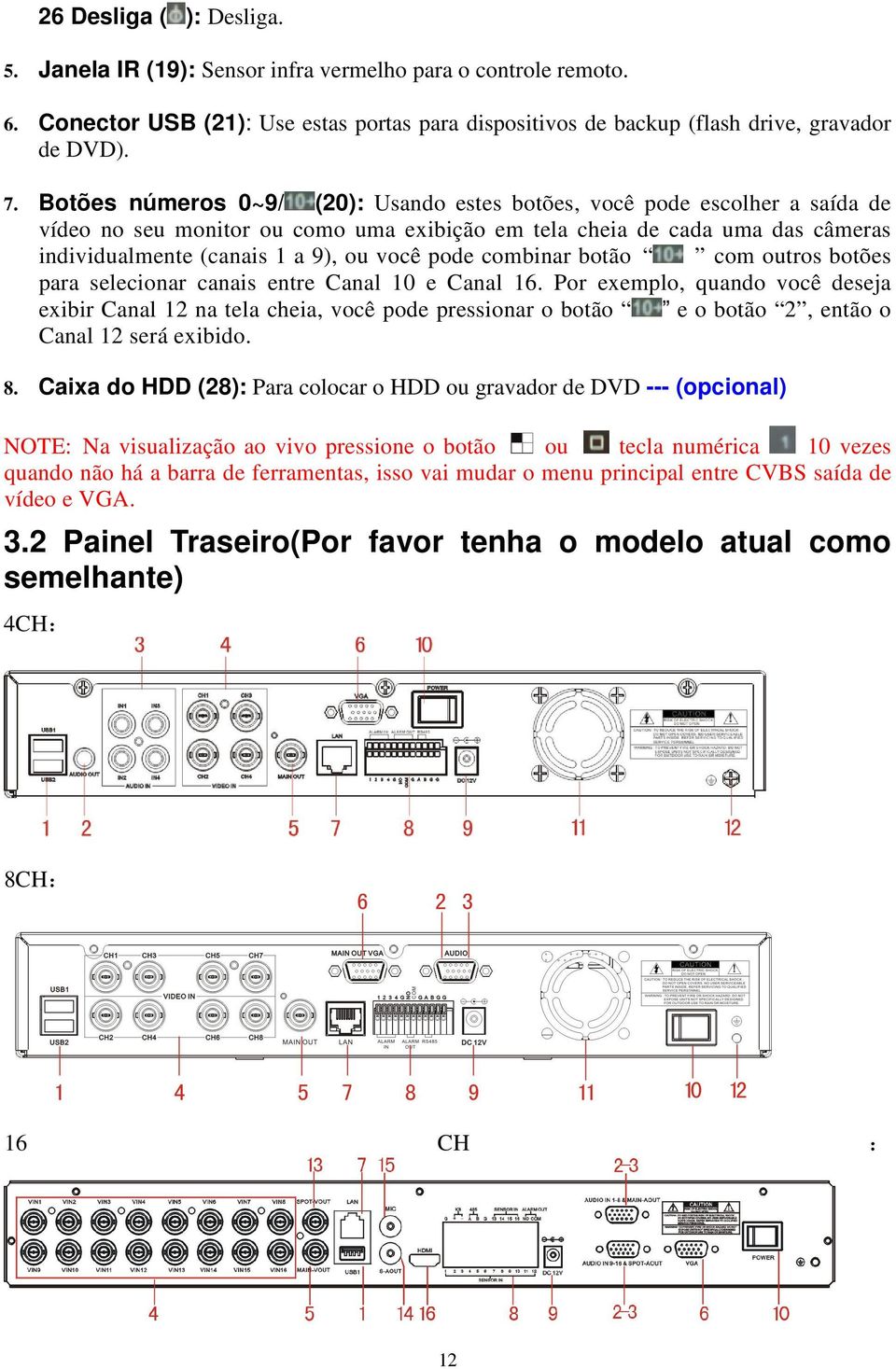 pode combinar botão com outros botões para selecionar canais entre Canal 10 e Canal 16.