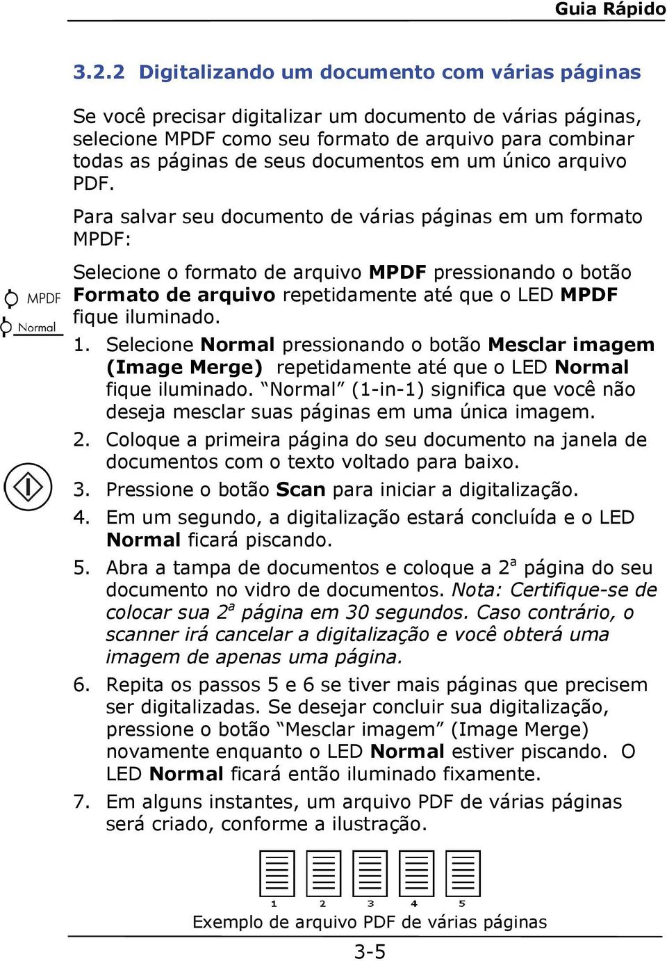 Para salvar seu documento de várias páginas em um formato MPDF: Selecione o formato de arquivo MPDF pressionando o botão Formato de arquivo repetidamente até que o LED MPDF fique iluminado. 1.
