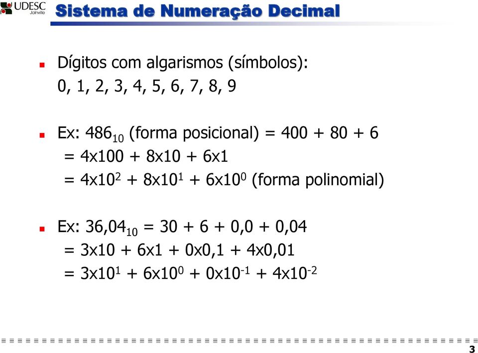 + 6x1 = 4x10 2 + 8x10 1 + 6x10 0 (forma polinomial) Ex: 36,04 10 = 30 + 6 +