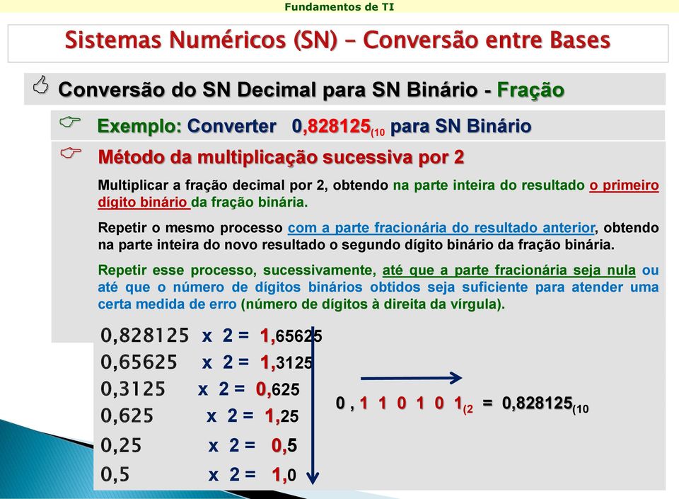 Repetir o mesmo processo com a parte fracionária do resultado anterior, obtendo na parte inteira do novo resultado o segundo dígito binário da fração binária.
