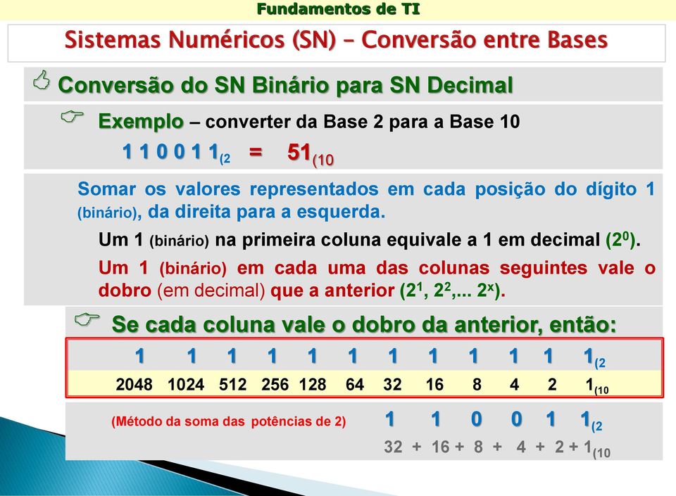 Um 1 (binário) em cada uma das colunas seguintes vale o dobro (em decimal) que a anterior (2 1, 2 2,... 2 x ).