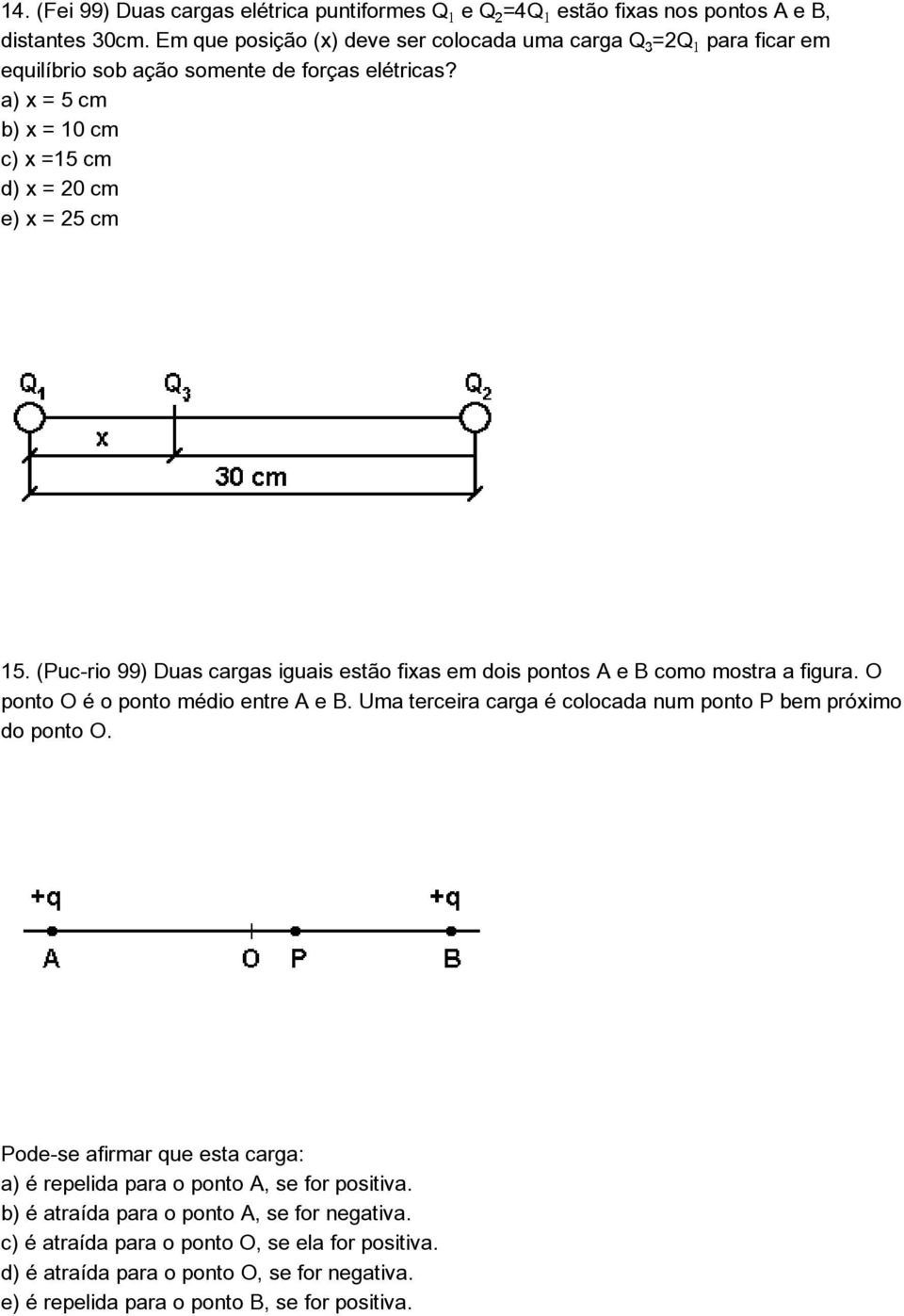 (Puc-rio 99) Duas cargas iguais estão fixas em dois pontos A e B como mostra a figura. O ponto O é o ponto médio entre A e B.