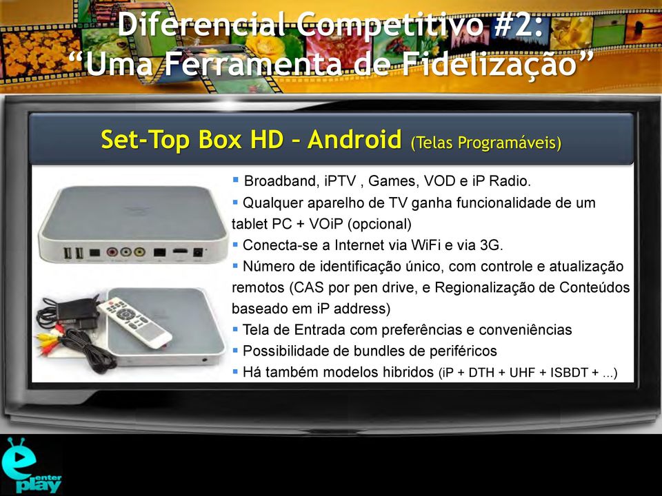 Número de identificação único, com controle e atualização remotos (CAS por pen drive, e Regionalização de Conteúdos baseado em ip