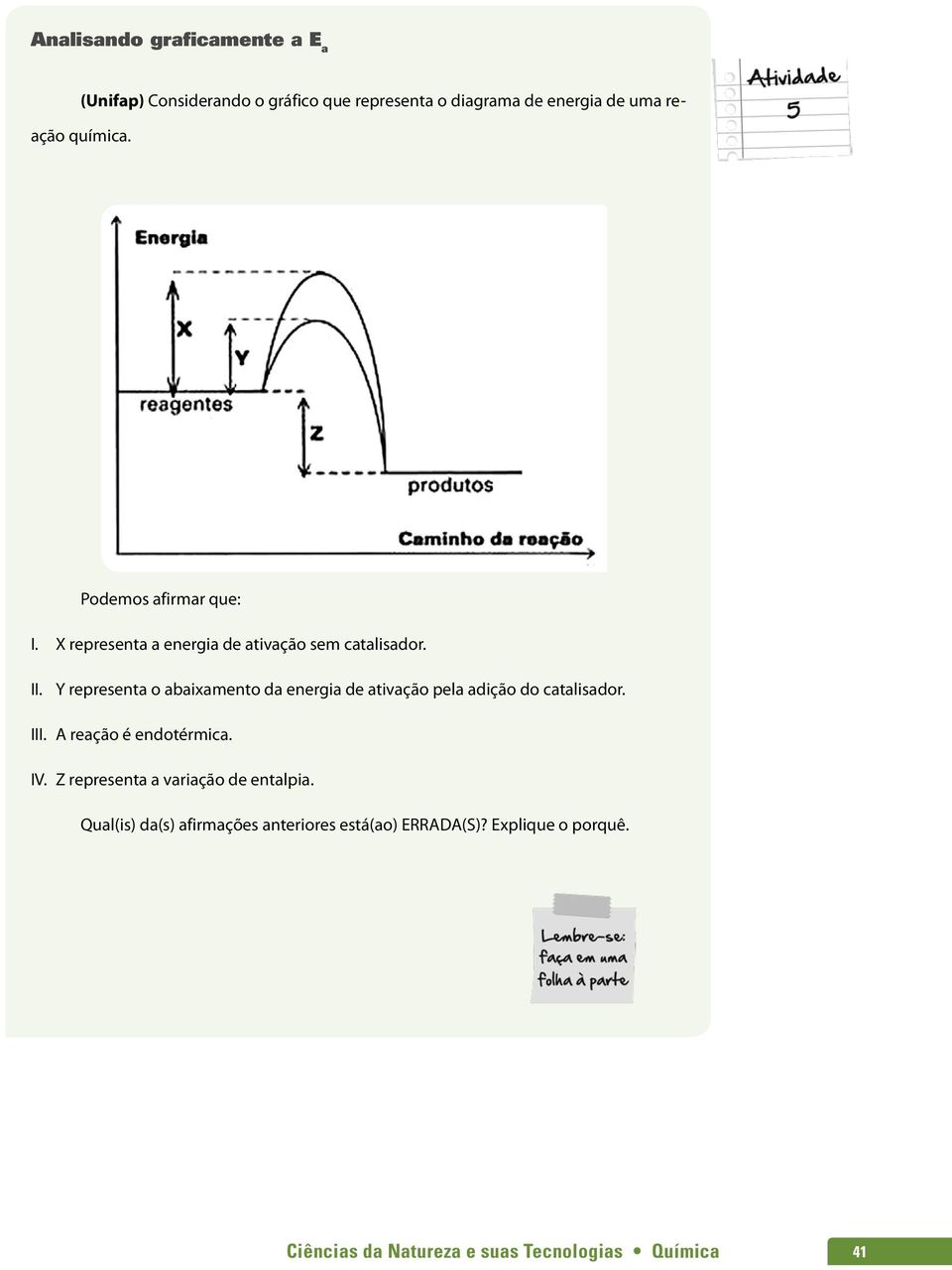 Y representa o abaixamento da energia de ativação pela adição do catalisador. III. A reação é endotérmica. IV.