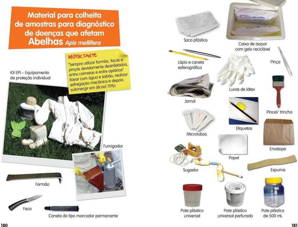 em álcool 70%) Saco plástico Lápis e caneta esferográfi ca Jornal Caixa de isopor com gelo reciclável Luvas de látex Pinça Pincel/ trincha Microtubos Etiquetas