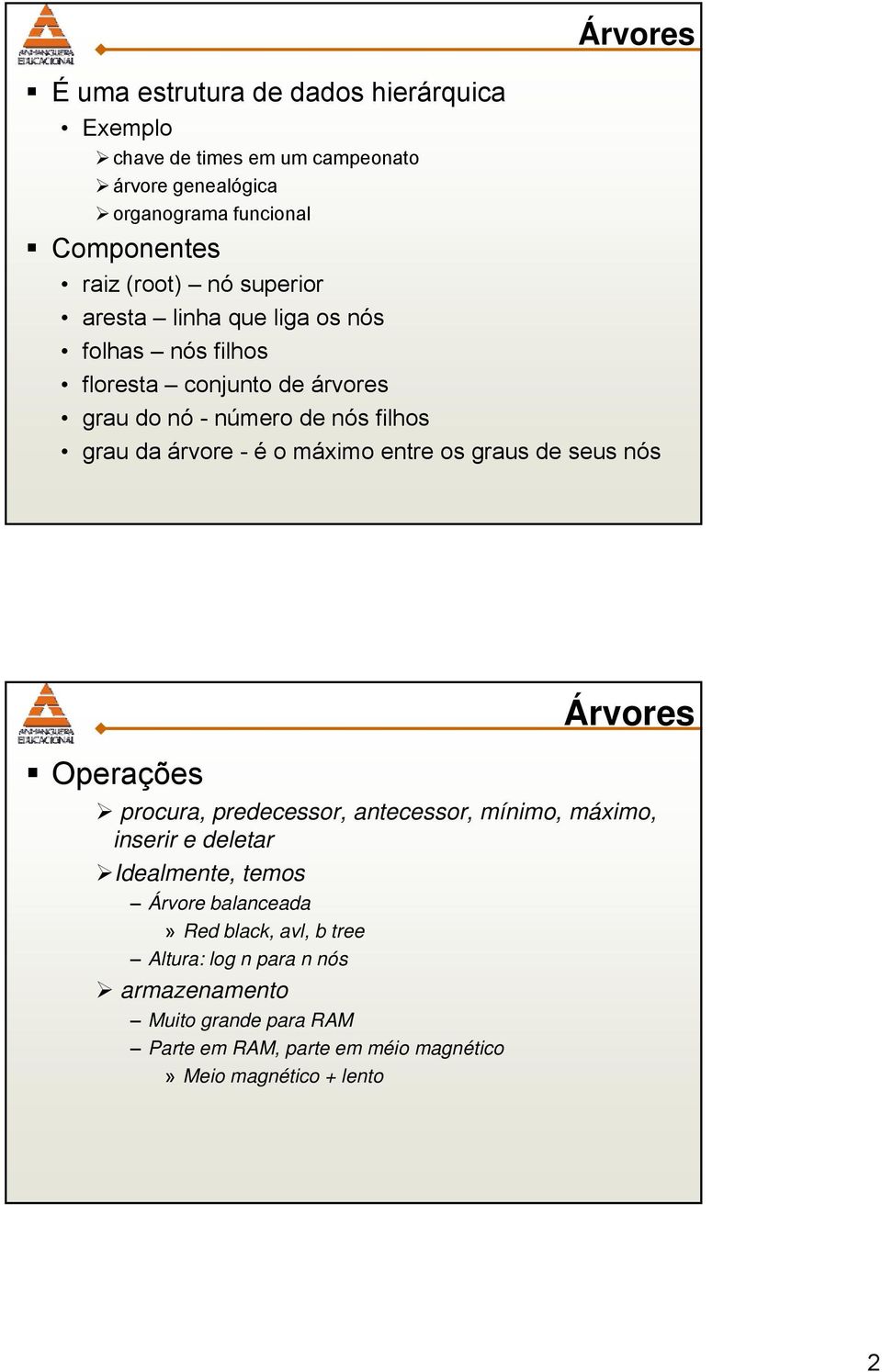 entre os graus de seus nós Operações Árvores procura, predecessor, antecessor, mínimo, máximo, inserir e deletar Idealmente, temos Árvore balanceada»