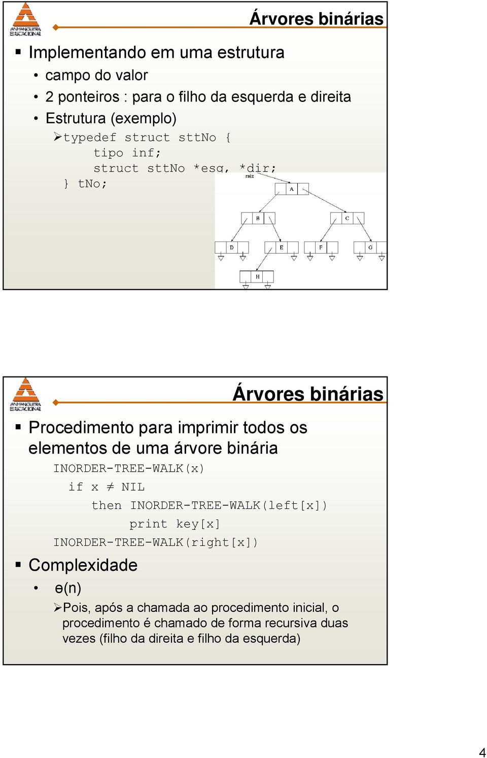 INORDER-TREE-WALK(x) if x NIL then INORDER-TREE-WALK(left[x]) print key[x] INORDER-TREE-WALK(right[x]) Complexidade ɵ(n) Pois,