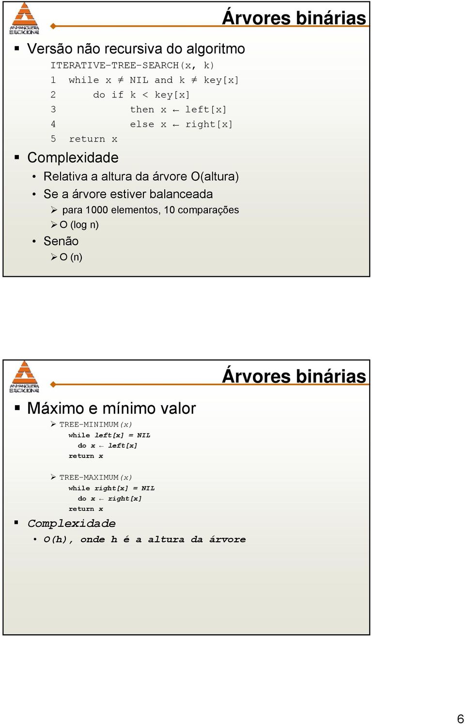 para 1000 elementos, 10 comparações O (log n) Senão O (n) Máximo e mínimo valor TREE-MINIMUM(x) while left[x] = NIL do x