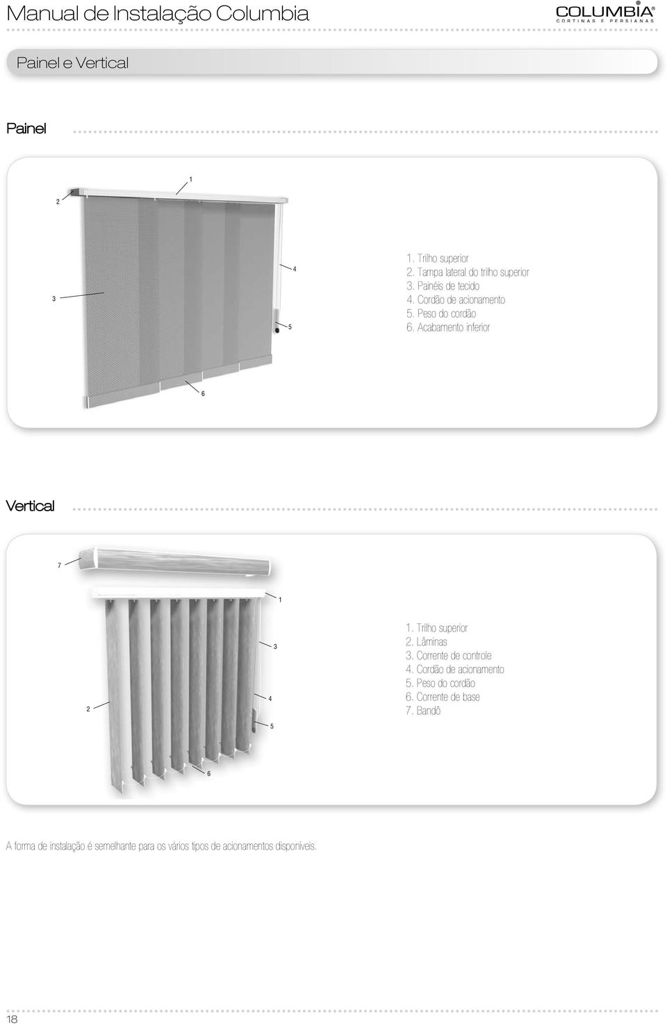 Acabamento inferior 6 Vertical 7 1 2 4 5 3 1. Trilho superior 2. Lâminas 3. Corrente de controle 4.