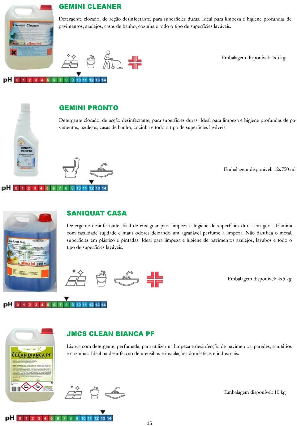 GEMINI PRONTO Detergente clorado, de acção desinfectante, para superfícies duras.