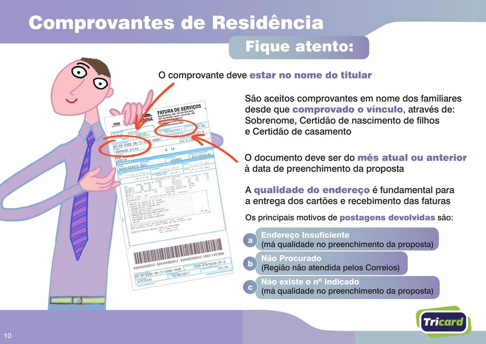 qualidade do endereço é fundamental para a entrega dos cartões e recebimento das faturas Os principais motivos de postagens devolvidas são: a b c Endereço