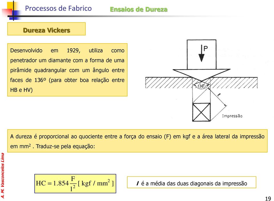 dureza é proporcional ao quociente entre a força do ensaio (F) em kgf e a área lateral da impressão
