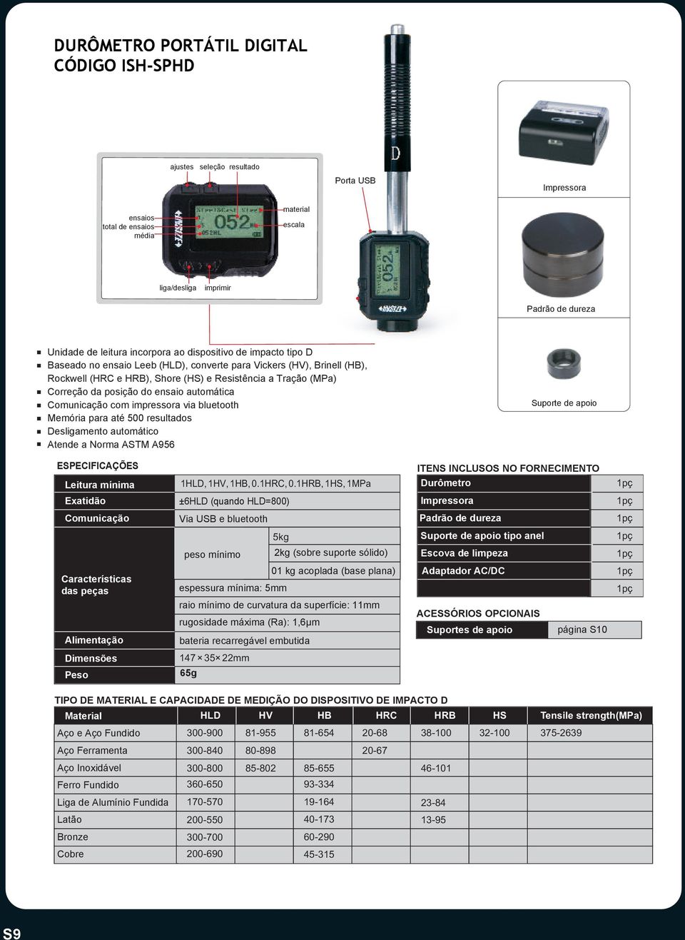 automática Comunicação com impressora via bluetooth Memória para até 500 resultados Desligamento automático Atende a Norma ASTM A956 Suporte de apoio Leitura mínima 1HLD, 1HV, 1, 0.1HRC, 0.