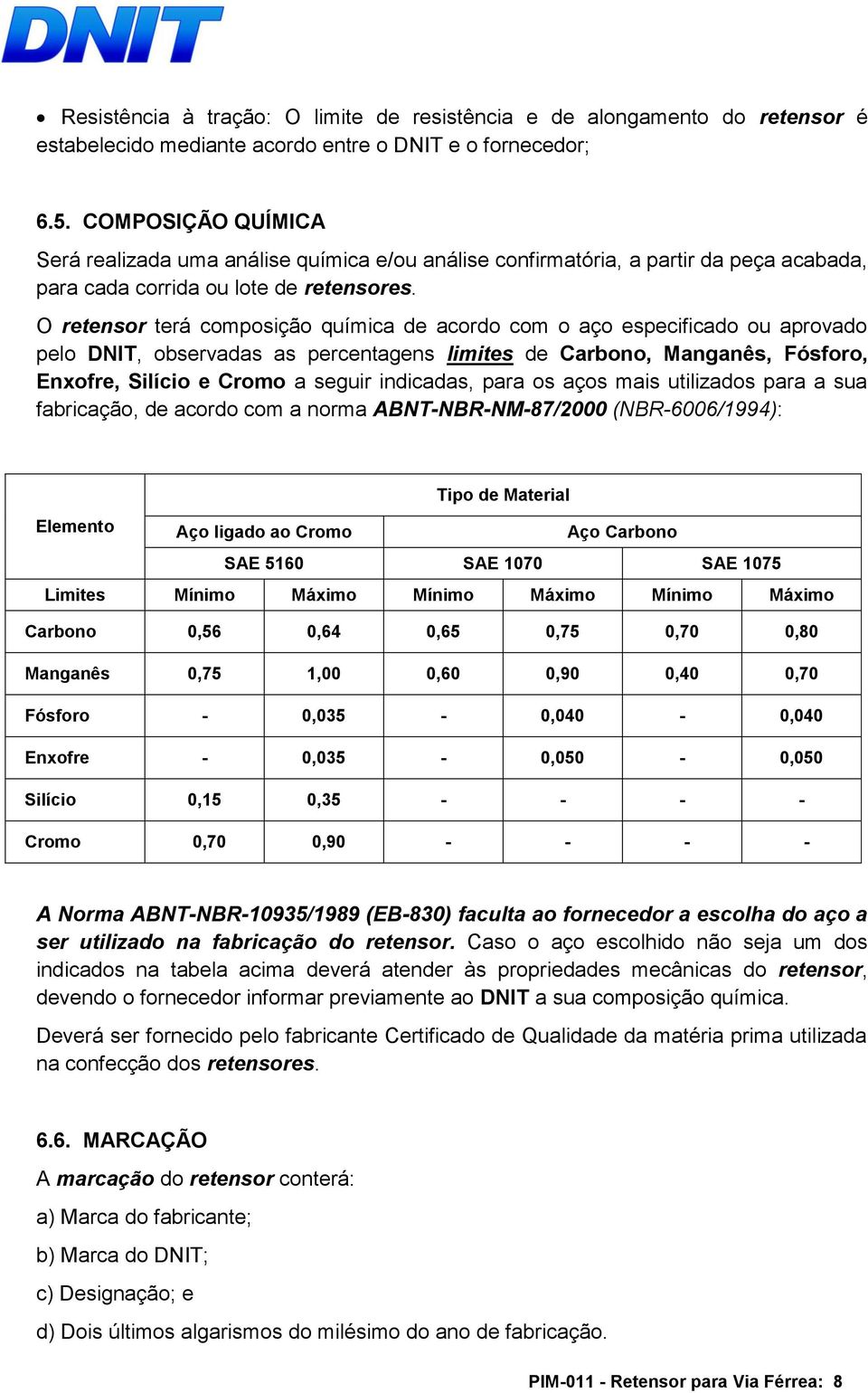 O retensor terá composição química de acordo com o aço especificado ou aprovado pelo DNIT, observadas as percentagens limites de Carbono, Manganês, Fósforo, Enxofre, Silício e Cromo a seguir